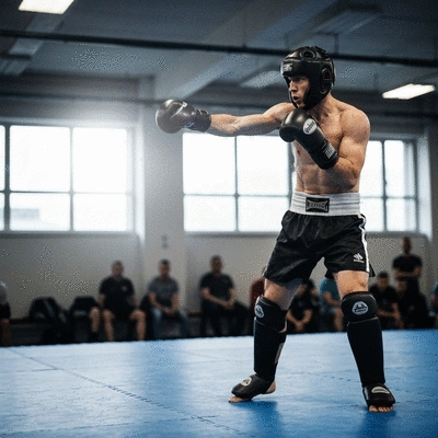 Two kickboxers in semi-contact match, focused on technique and precision