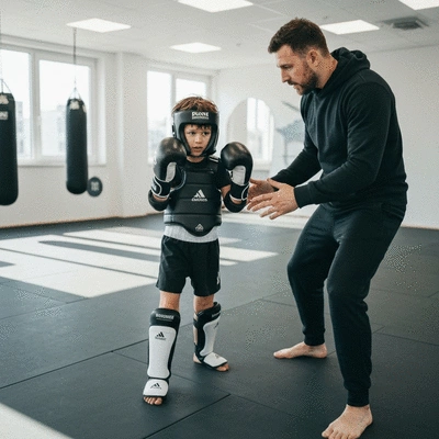 Child practicing kickboxing with a coach, wearing protective gear, in a modern gym setting, focused and determined. no text, no words, no typography, no labels, clean image