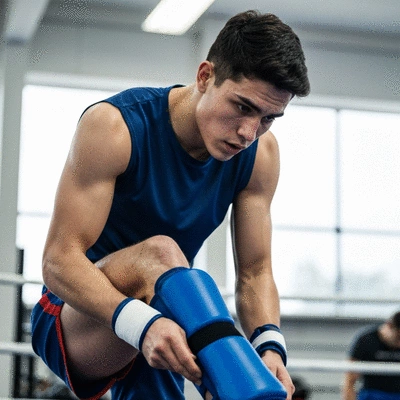 Kickboxer preparing for training, putting on shin guards