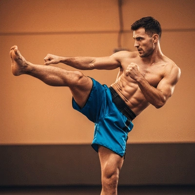 Kickboxer in action, wearing kickboxing shorts