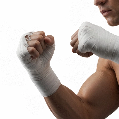 Close-up of hands wrapped with boxing bandages, ready for training