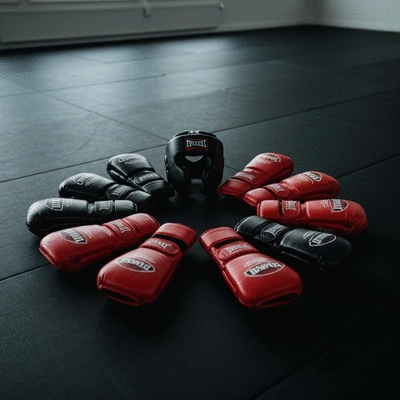 Kickboxing gear laid out on a mat, including gloves, shin guards, and head protection, no text, no words, no typography
