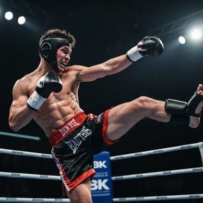 Kickboxer in a professional ring, mid-fight action