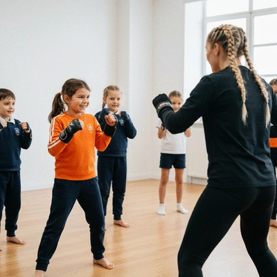 Group of diverse children in kickboxing class, smiling and engaged, with a female instructor. no text, no words, no typography, no labels, clean image
