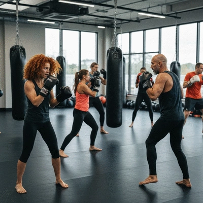Group of people training kickboxing in a modern gym