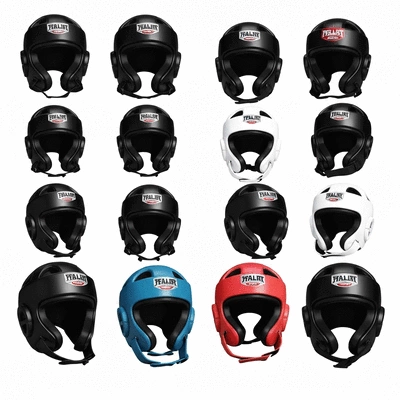 Various types of kickboxing helmets displayed in a row, clean background, product photography, no text, no words, no typography, 8K