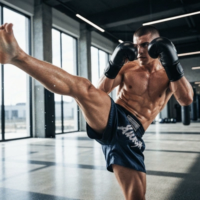 Person performing a powerful kickboxing move in a gym