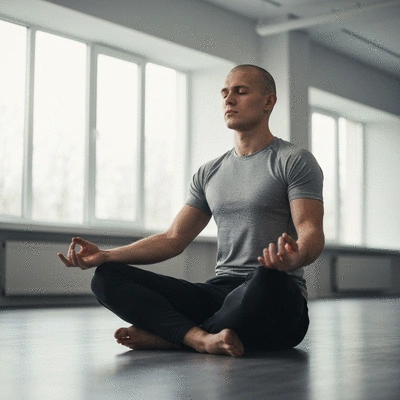 Kickboxer meditating before training, showing mental preparation
