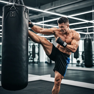 Person performing a kickboxing kick on a punching bag