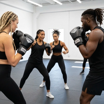 Group of diverse people in a kickboxing class, actively training with a coach, energy and motivation, clean gym environment, no text, no words, no typography, no labels, clean image