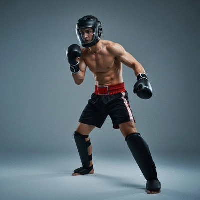 Kickboxer wearing a full-face helmet, focused and ready for training, dynamic pose, studio lighting, no text, no words, no typography, 8K