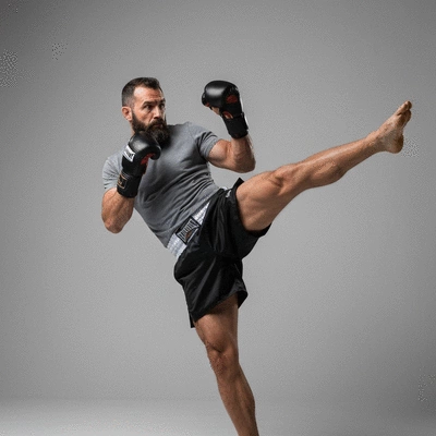 Person performing a kickboxing move with focus and determination, dynamic pose, no text, no words, no typography, clean image, 8K