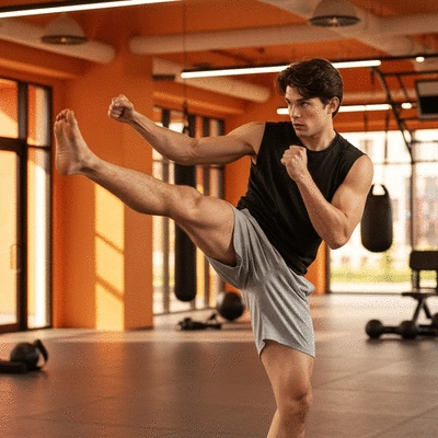 Person performing kickboxing training, focused on technique and power