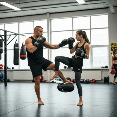 Kickboxing semi-contact training session with a coach and a student, demonstrating safe techniques