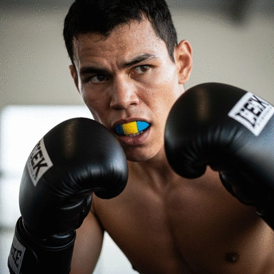 Close-up of a kickboxer wearing a mouthguard during training, focus on protection and intensity