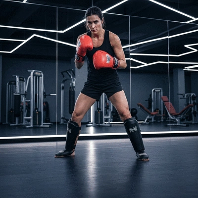 Man wearing kickboxing gloves and shin guards, preparing for training in a gym setting, no text, no words, no typography