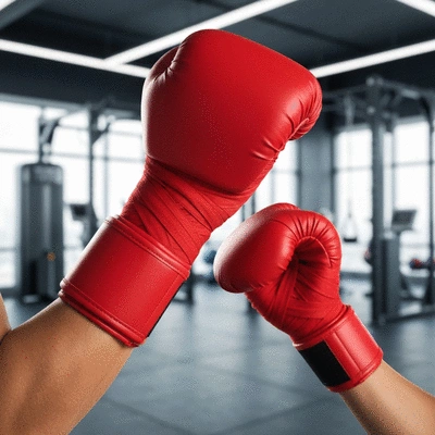 Person's hands wrapped and wearing kickboxing gloves, ready for training