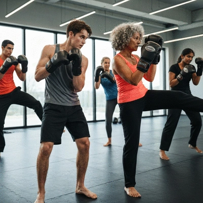Group of people training kickboxing in a modern gym