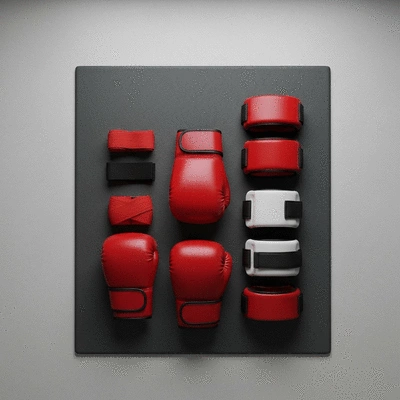 Kickboxing gloves and protective gear on a mat