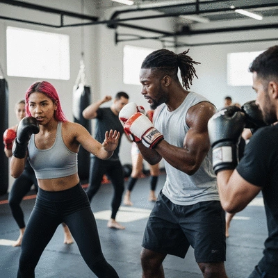 Group of people training kickboxing in a gym, diverse group, energetic atmosphere