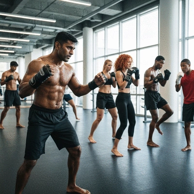 Group of people training kickboxing in a modern gym