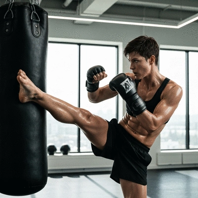 Person practicing a kickboxing kick on a heavy bag in a gym